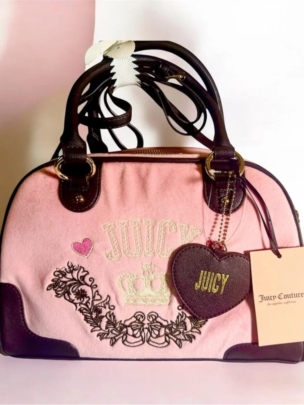 Juicy Couture Retro Chic Bowler Style Purse in Flamingo/Chocolate NEW
